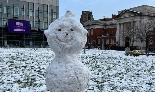A snowman on the University campus.