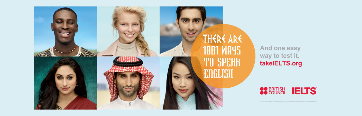 Images of students. Overlaid text: There are 1001 ways to speak English. And one easy way to do it